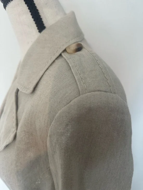 Linen Cotton Blend Metallic Trench Coat Chic Classic Statement Blazer Coat - Picture 7 of 14